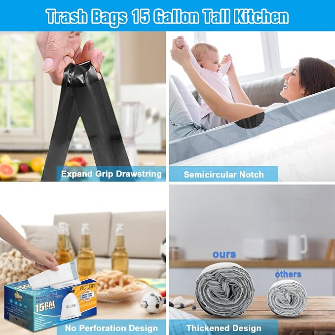 Trash Bags 15 Gallon Tall Kitchen Drawstring Garbage Bags, Fit 13-15 Gal Bins - Image 4
