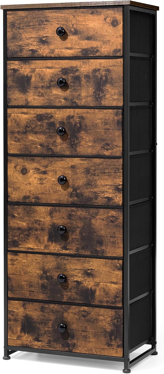 Fabric Dresser for Bedroom, 7-Drawer Tall Vertical Tower (Rustic Brown))