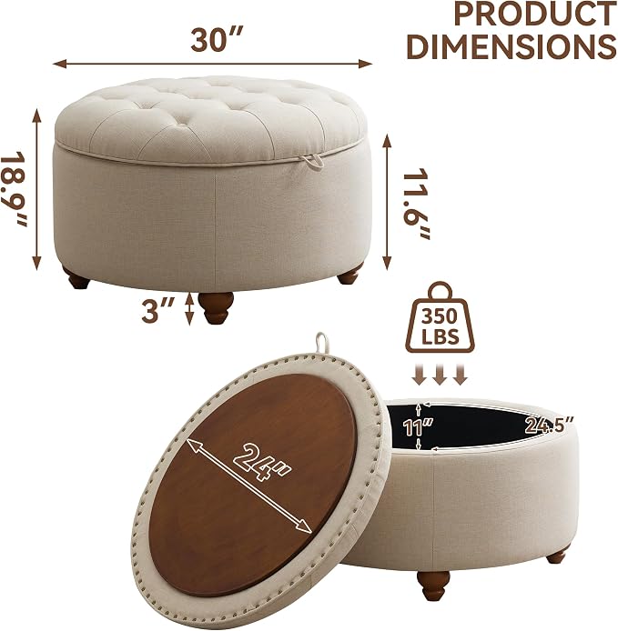 30Inch Round Storage Ottoman - Image 2