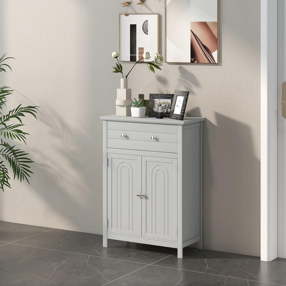 COSTWAY Bathroom Floor Cabinet, Wooden Side Storage Organizer (Grey)
