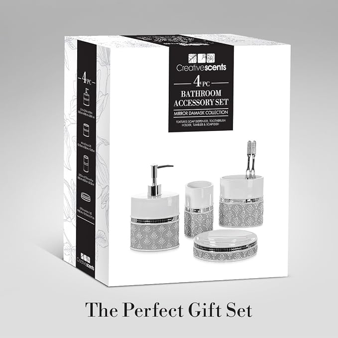 Creative Scents Mirror Damask Bathroom Accessory Set Complete - Image 6