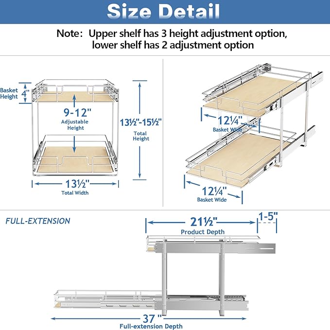 ROOMTEC 2 Tier Individual Pull Out Cabinet Organizer 13½"W x 21½"D, Slide Out - Image 3