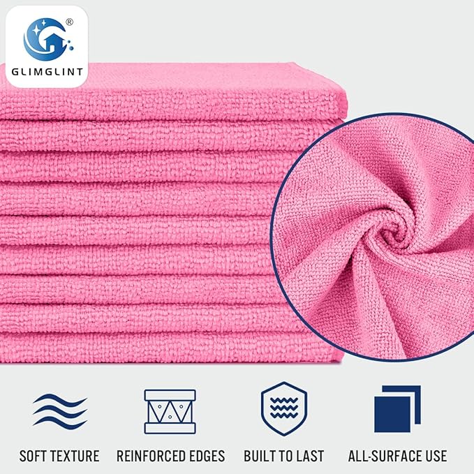 GLIMGLINT Pink Microfiber Cleaning Cloth, 12 Pack Cleaning Towels - Image 3