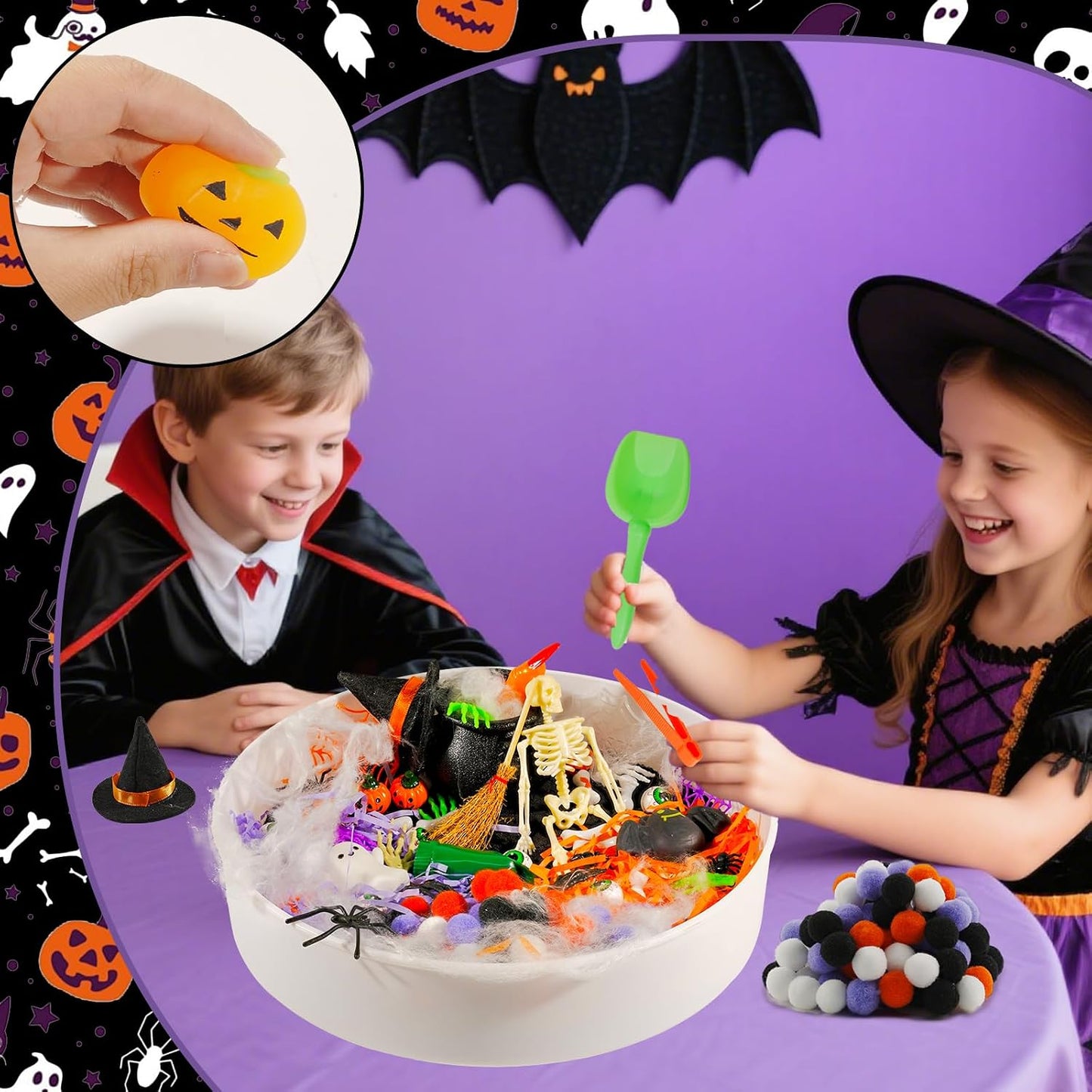 Hiawbon Halloween Sensory Bin Kits Sensory Bin Fillers | with Spider Spider Web Bat Halloween Sensory Box for Halloween Birthday