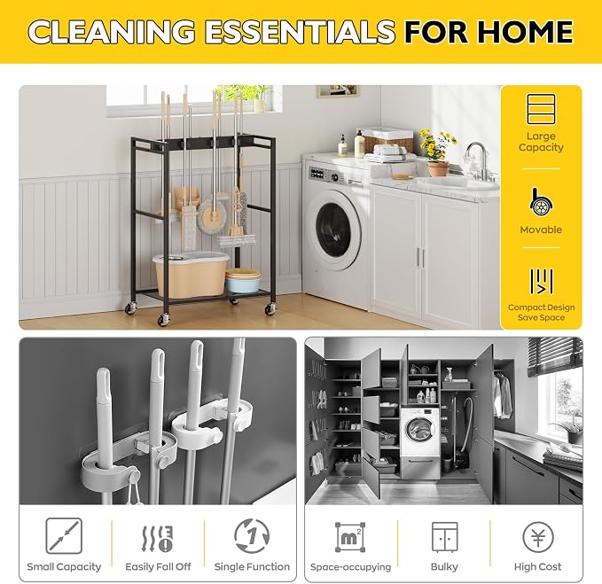 BORISI Broom And Mop Holder, Movable Broom Closet Storage Cabinet, Cleaning Cart - Image 7