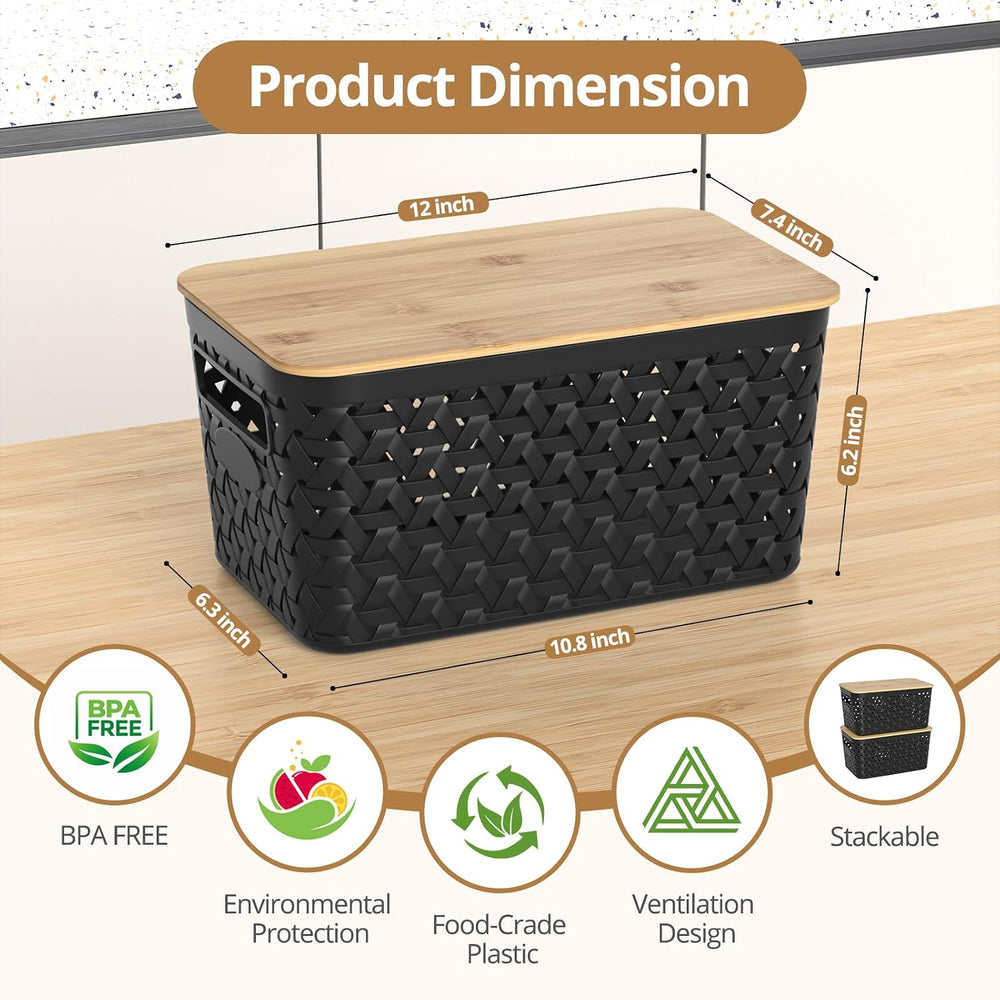 Plastic Storage Bins with Bamboo Lids, Stackable Small Box Baskets for Organi...