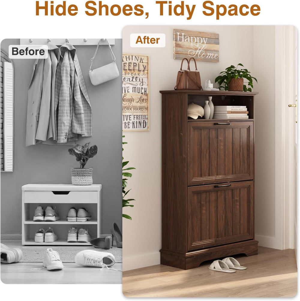 24" W Hidden Shoe Storage Cabinet with 2 Flip Drawers & Open Storage