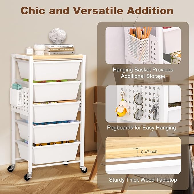 Rolling Cart with Drawers, Rolling Storage Cart with 5 Large Plastic Drawers & - Image 3