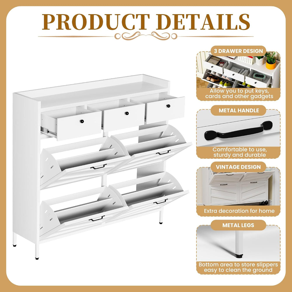IKIMI White Metal Shoe Storage Cabinet with 4 Flip Drawers & 3 Top Drawers