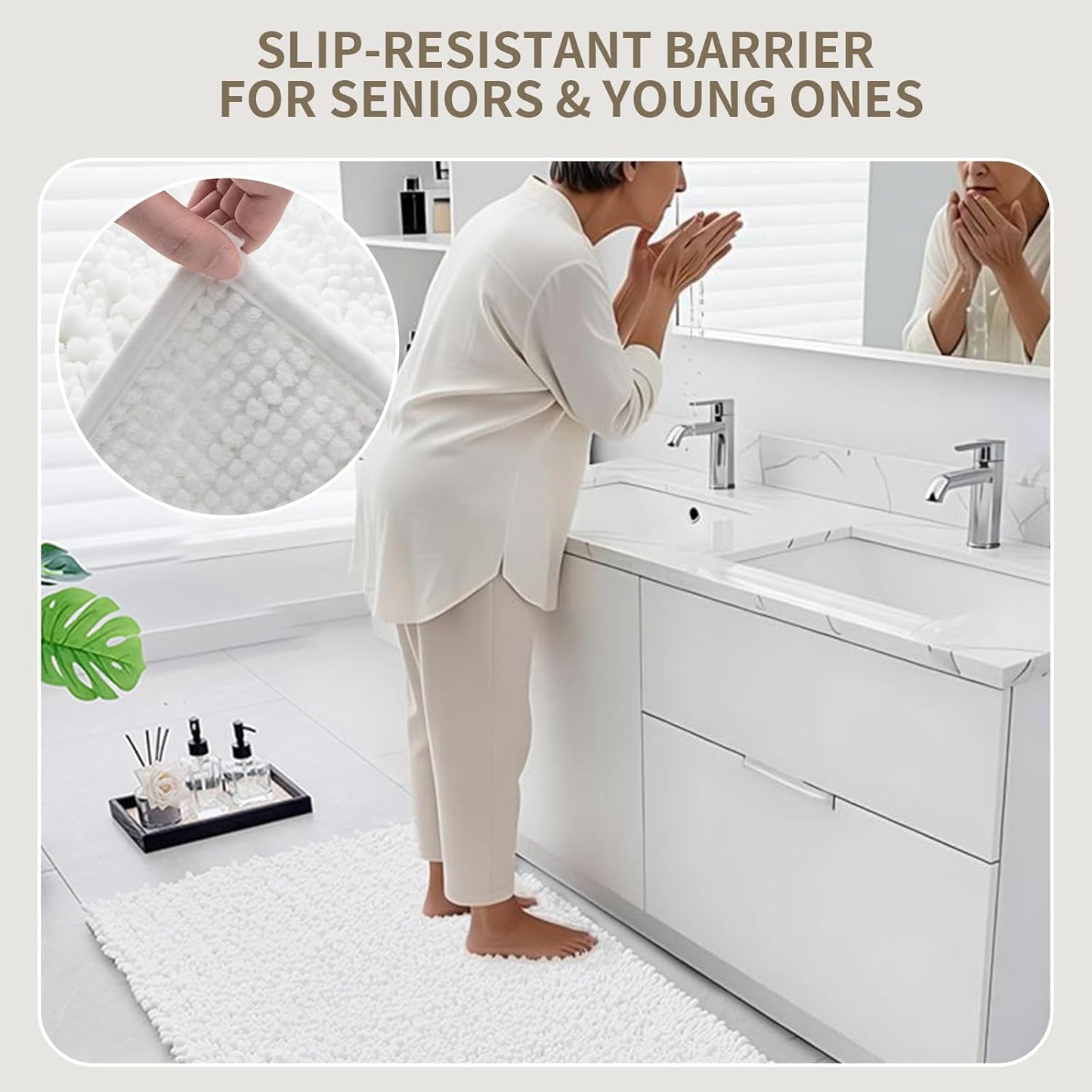 Bathroom Rugs Non Slip Washable 32x20, Extra Thick Soft Chenille Absorbent Bath Mat, High Density Barrier Non Slip Backing, Quick Dry Plush Shaggy Floor Carpet for Tub&Shower, White