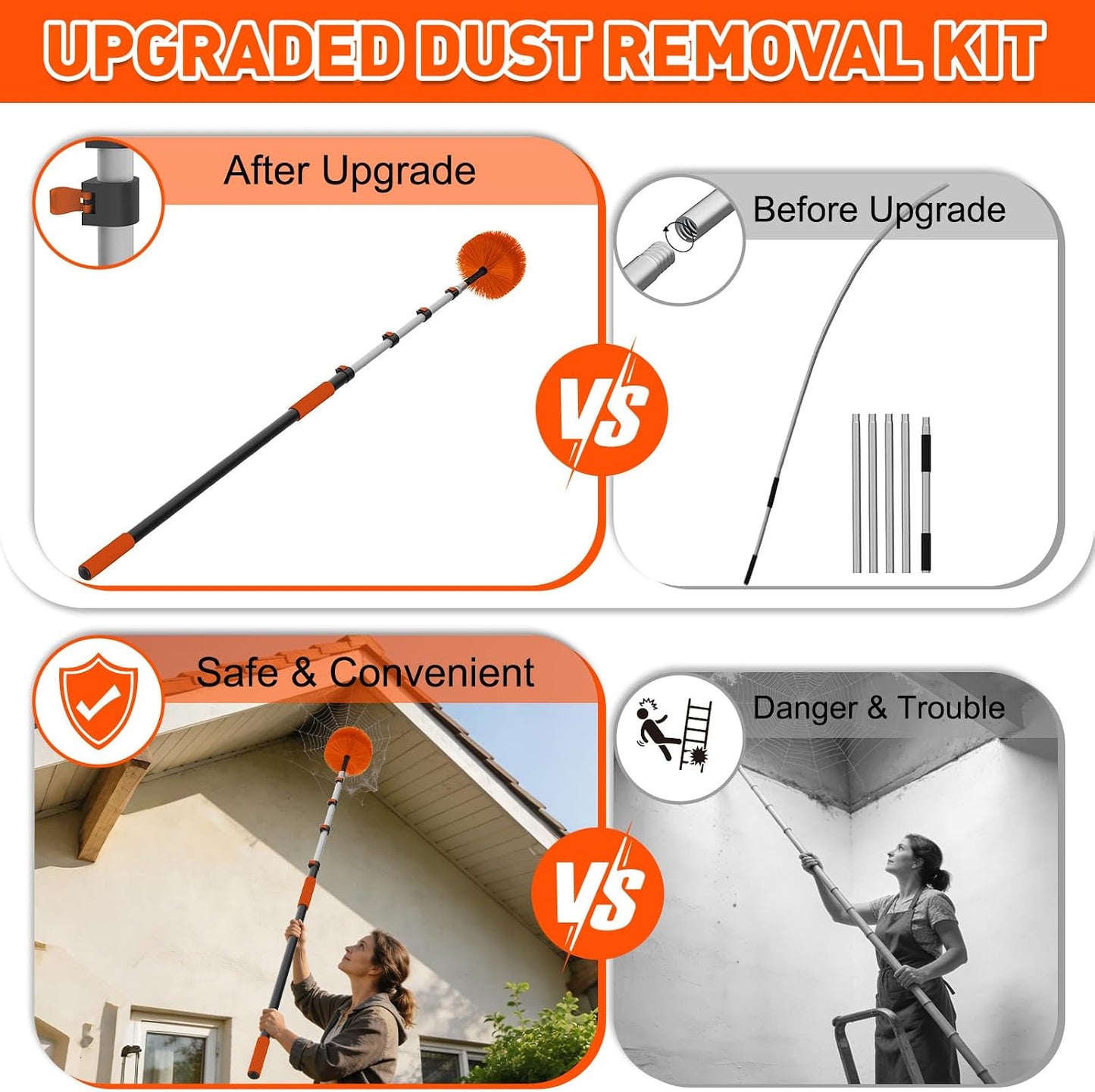 26FT Reach Cobweb Duster with Extension Pole - Spider Web Brush for Cleaning with 5-20FT 4-Section Flip-Lock Telescopic Pole, Effortlessly Cleans High Indoor & Outdoor Webs