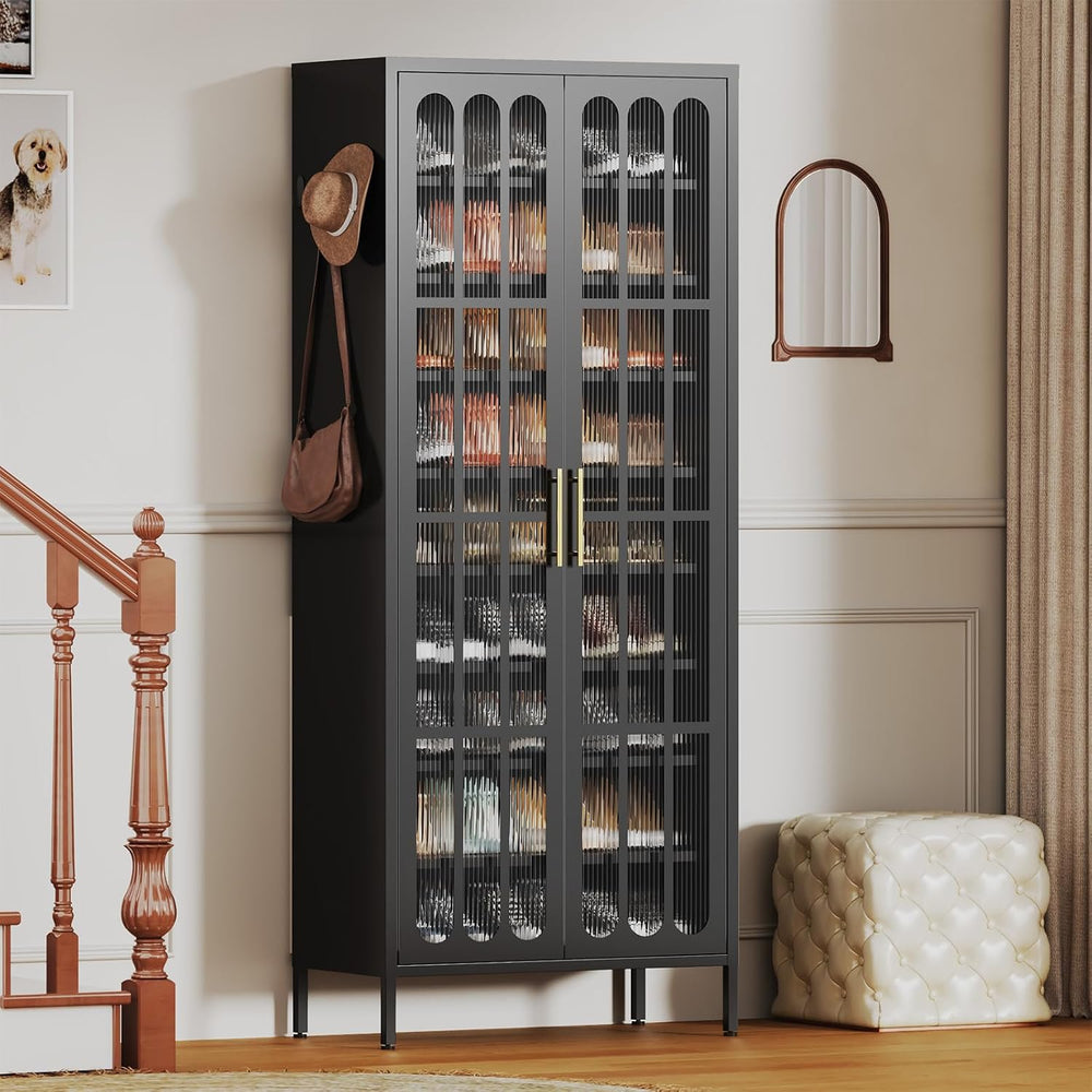 9-Tier Tall Metal Shoe Cabinet with Doors & Hooks, 67" Large Shoe St...