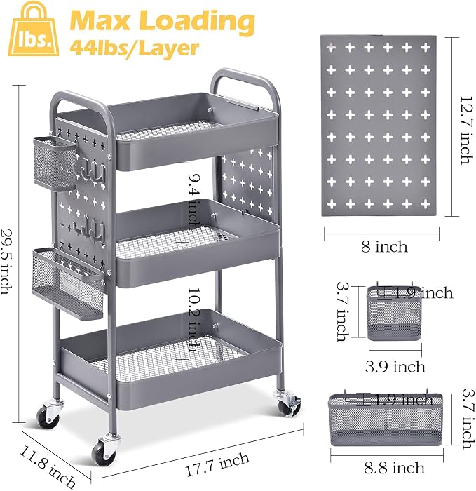 TOOLF 3-Tier Rolling Cart, Metal Utility Storage Cart - Image 7