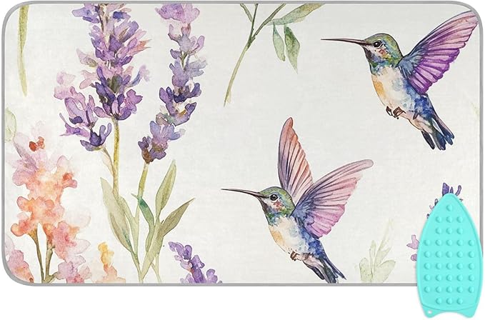 Lavender Flower Hummingbird White Ironing Mat by Tatenale