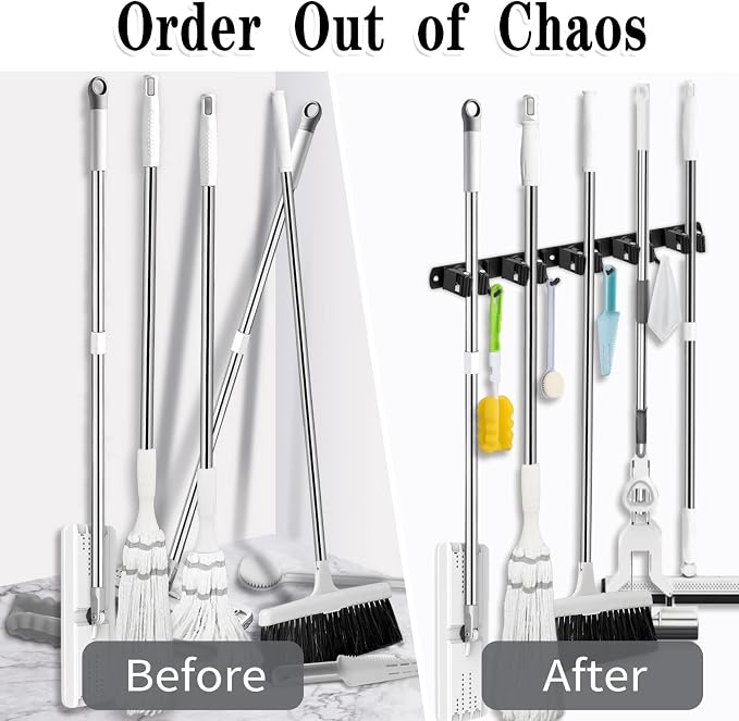 AceMining 2 Pack Black 5 Racks and 4 Hooks Mop and Broom Holder Wall Mount - Image 6