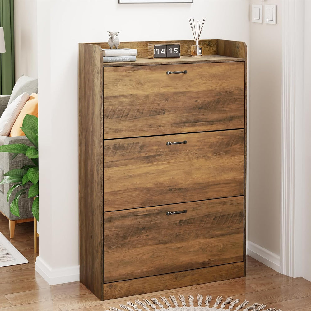 HOMMPA Farmhouse Shoe Storage Cabinet with 3 Flip Drawers, Shoe Cabinet Stora...