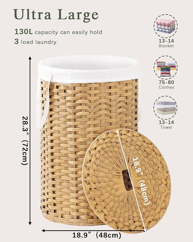 Large Laundry Hamper Laundry Basket Round 34.3 Gal Handwoven Wicker Laundry - Image 4