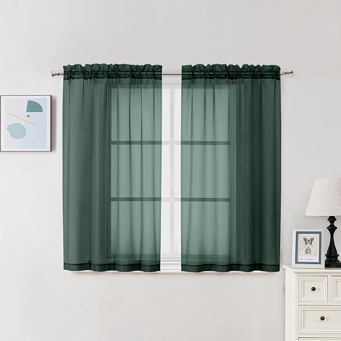 Chyhomenyc Hunter Green Sheer Curtains 45 Inch Long 2 Panels, Short Voile Drapes by Chyhomenyc