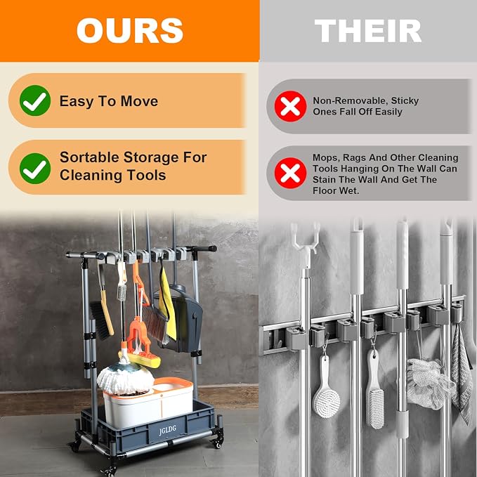 Freestanding Mobile Cleaning Tool Storage Rack, Mop and Broom Holder - Image 5