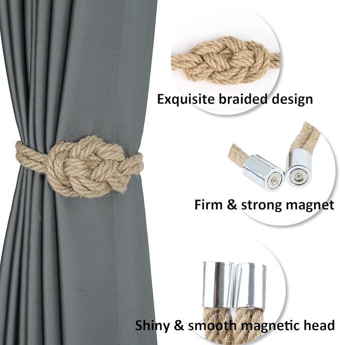 4 Pack Natural Jute Magnetic Curtain Tiebacks, Boho Rustic Style Decorative - Image 3