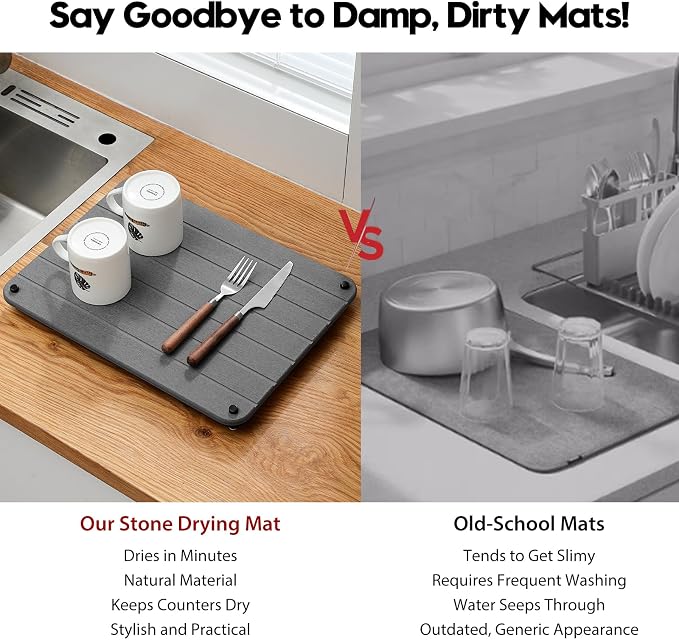Stone Dish Drying Mat for Kitchen Counter, Water Absorbing Bathroom Tray Sink - Image 6