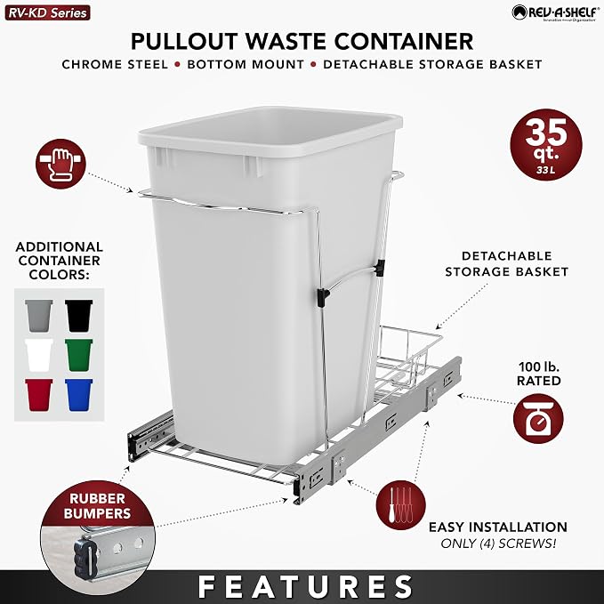 Rev-A-Shelf Pullout Trash Can for Kitchen Cabinets 35 Quart Garbage Waste - Image 2
