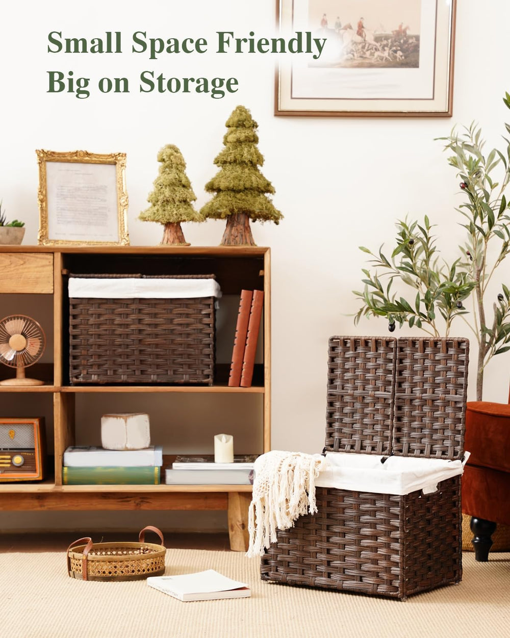 SETVSON Storage Basket with Lid, 2-Lid PE Rattan Storage Bin, Brown