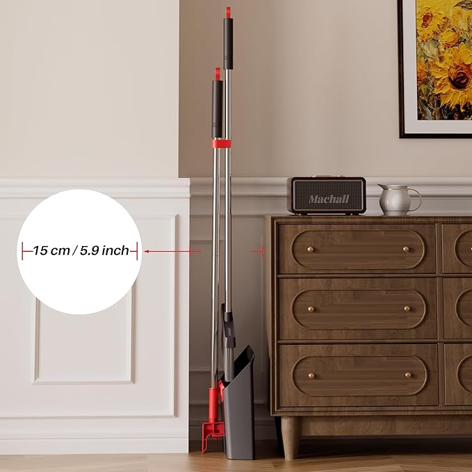 JOYMOOP Black and Red Broom and Dustpan Set, Upright Angle Design - Image 8