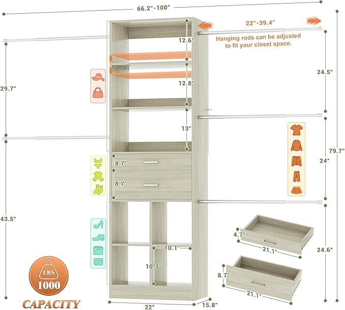 Closet System, 4-8 FT Closet Organizer Tower - Image 3