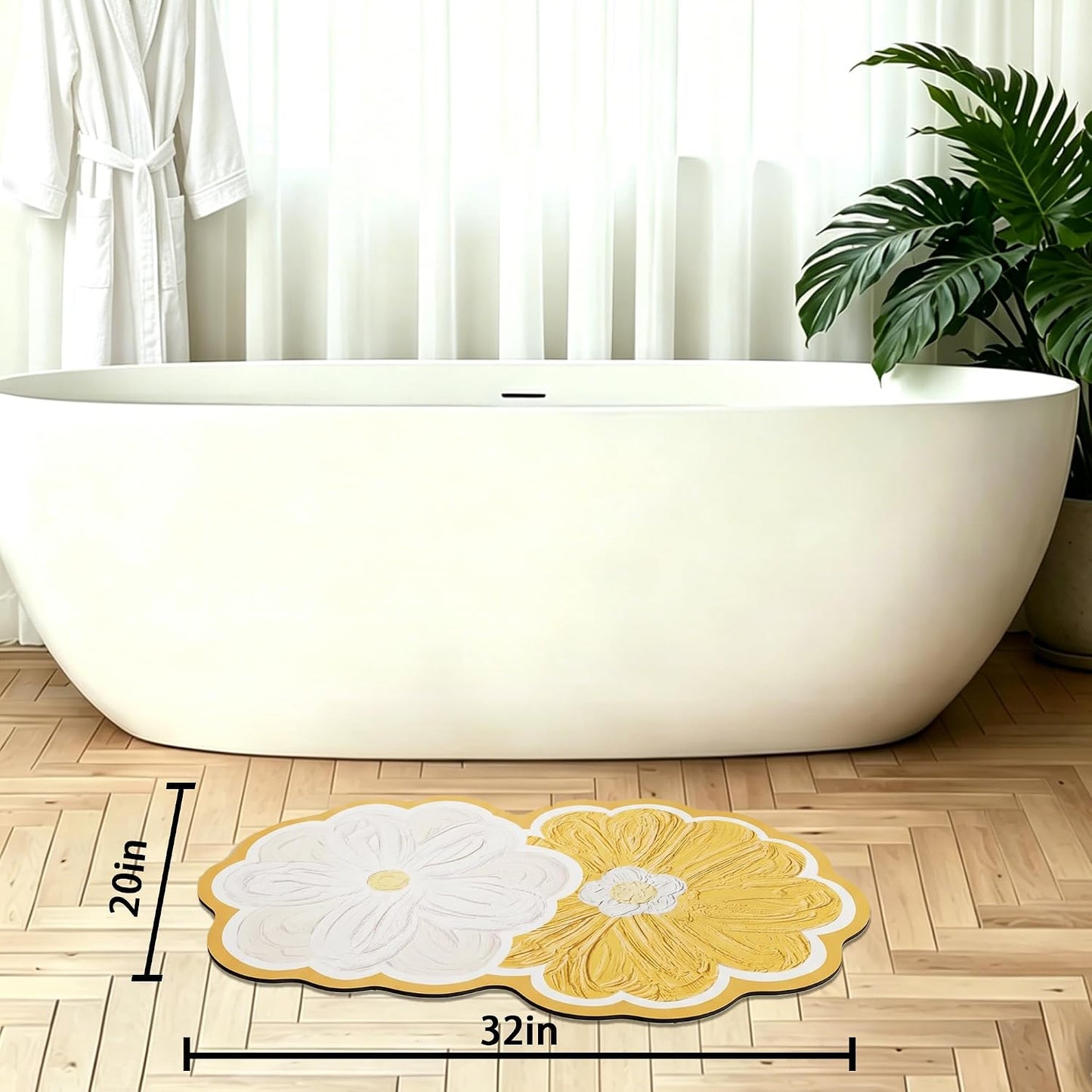 Yellow Daisy Shaped Bath Mat 20"x32", Faux Leather Non Slip Bathroom Rug, Super Absorbent & Easy Clean Shower Mat for Tub, Shower, Bathroom Floor, Vanity