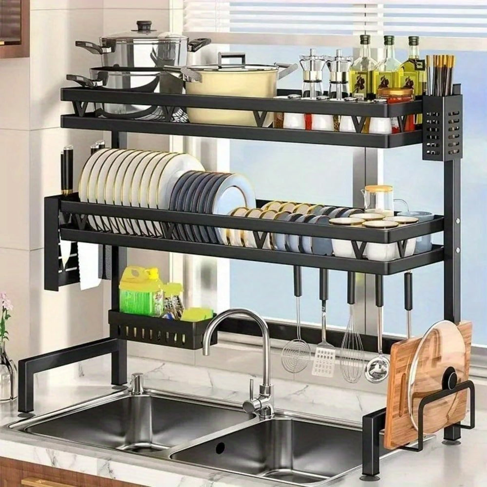 3-Tier Over Sink Dish Draining Rack Adjustable Width and Height with Phone Ho...