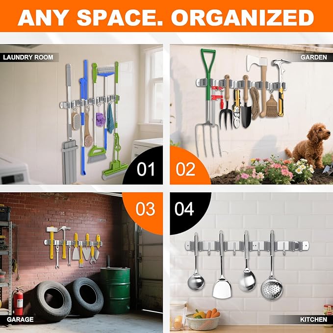 Broom Holder Wall Mount, Mop and Broom Organizer Broom Hanger Storage Tool - Image 7