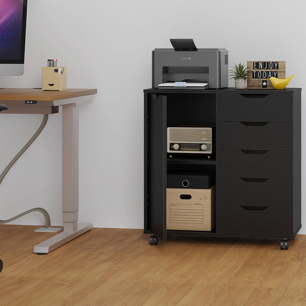 Panana 5-Drawer Chest with 1 Door, Wooden Chest of Drawers Storage Dresser Ca...