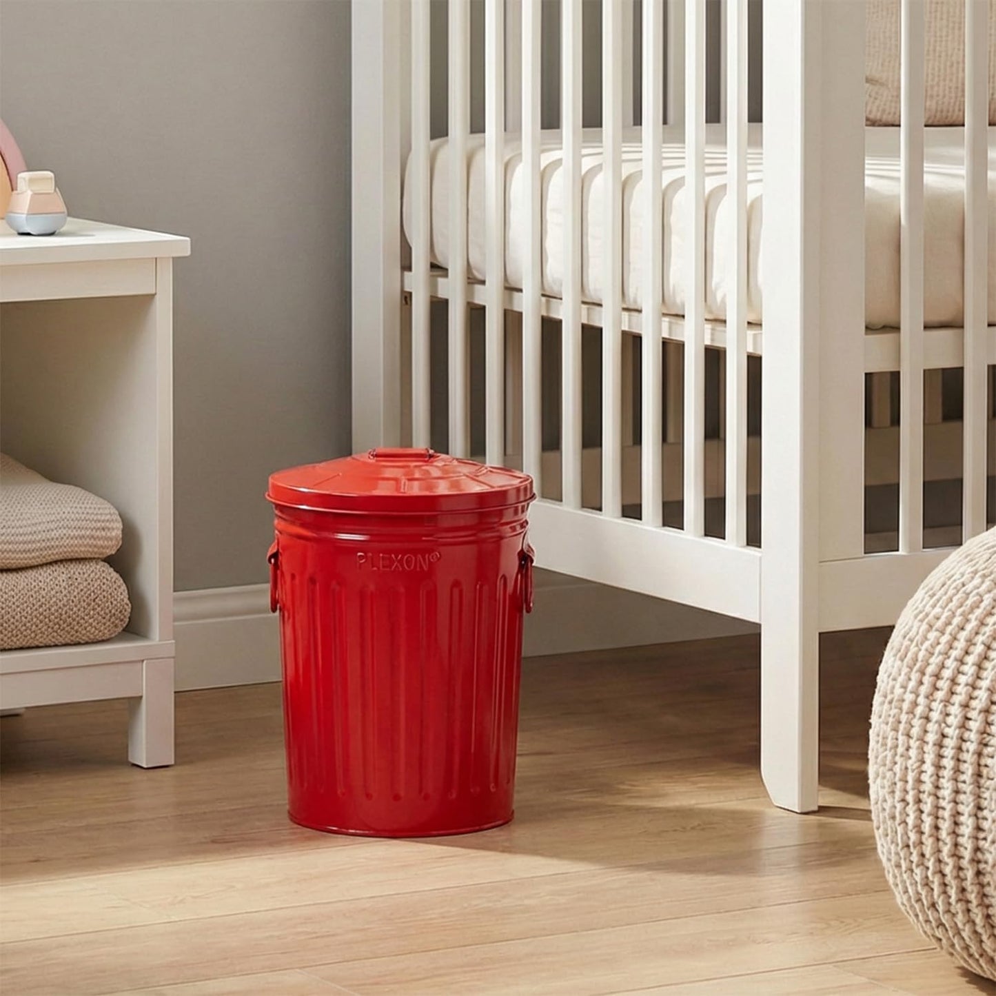 Plexon 2 Gallon Small Metal Trash Can with Lid Bathroom Garbage Can with Lid Bathroom Trash Can for Bedroom Office Kitchen Indoor Waste Basket, Round Powder Coated Red Bucket