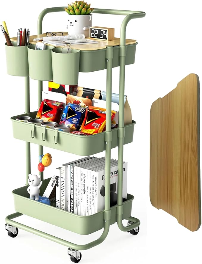3 Tier Rolling Cart with Metal Handle, Table Top, Hanging Cups, Plastic Storage by GiveUsaChanceGiveYouMoreProbability