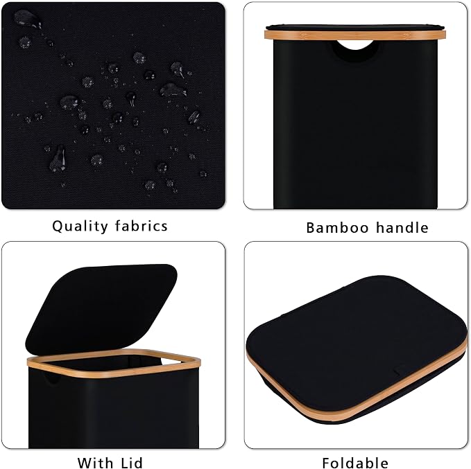100L Laundry Hamper with Lid, Lagre Basket with Bamboo Handles, Foldable - Image 3