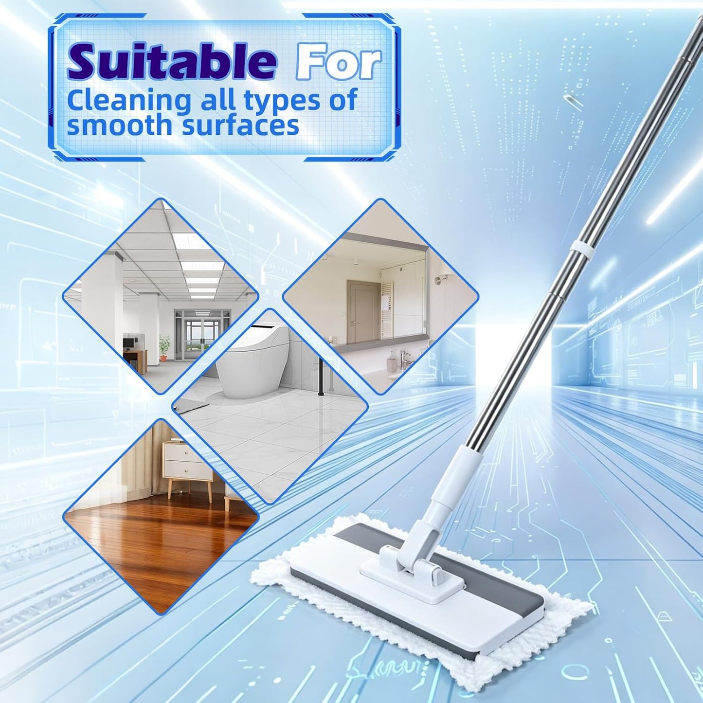 Masthome Clamp Mop Compatible with Swiffer Wet Jet Mops, 50" Stainless Steel Handle Mini Mop for Hardwood, Tile, Laminate, Marble, Wall, Window, Multi-Surface Floor Cleaning