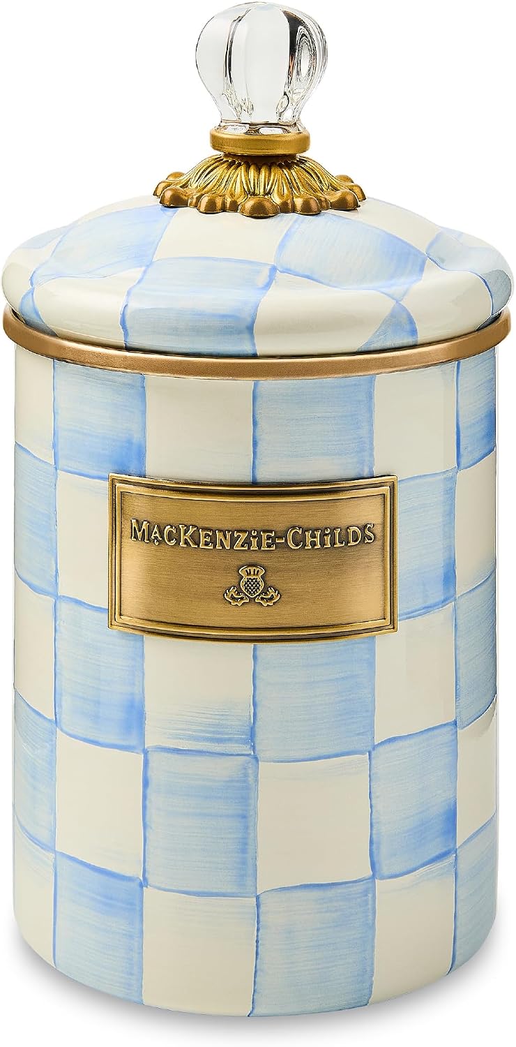 MACKENZIE-CHILDS Enamel Canister, Medium, Light-Blue-and-White Sky Check | Hand-painted design, made from enameled steel, versatile kitchen storage container for flour and sugar, 48-ounce capacity