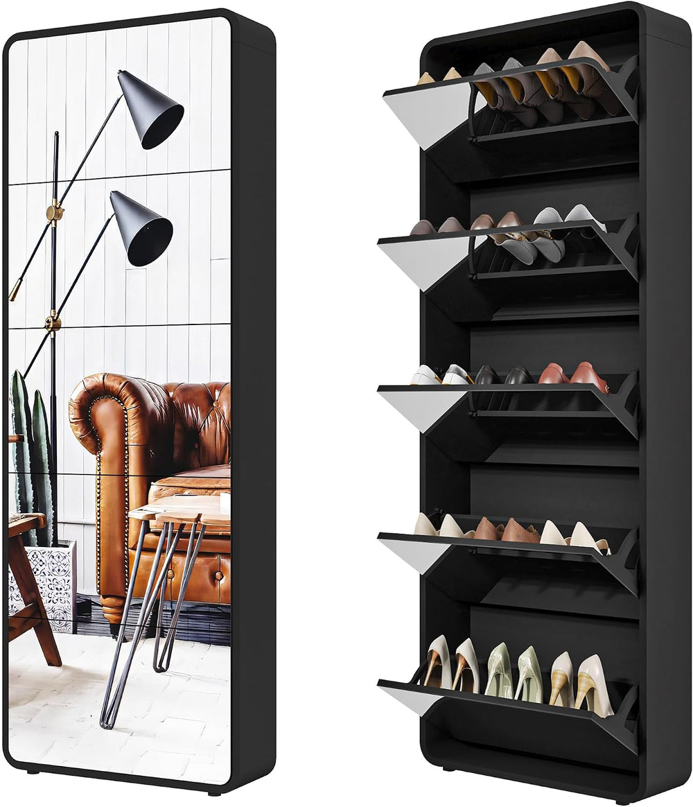 Mirror Shoe Cabinet with 5 Flip Drawers, Black Slim Shoe Storage
