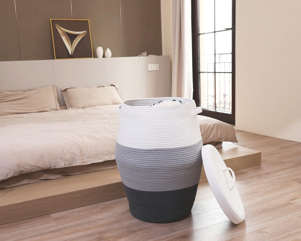 26"x20" Extra Large Tall Woven Laundry Basket with Lid, Cotton Rope...