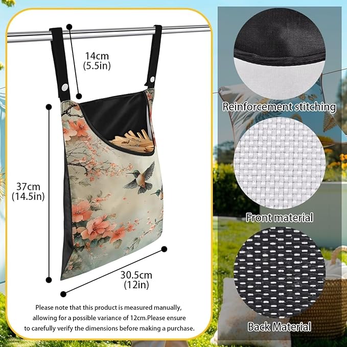 2 Pcs Hummingbird and Flowers Clothes Pin Bag, Small Hanging Laundry Bag - Image 6