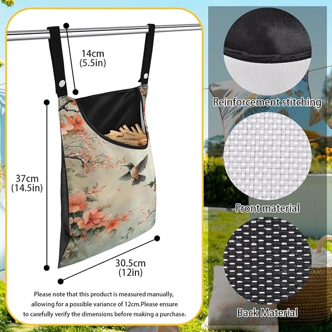 2 Pcs Hummingbird and Flowers Clothes Pin Bag, Small Hanging Laundry Bag - Image 6