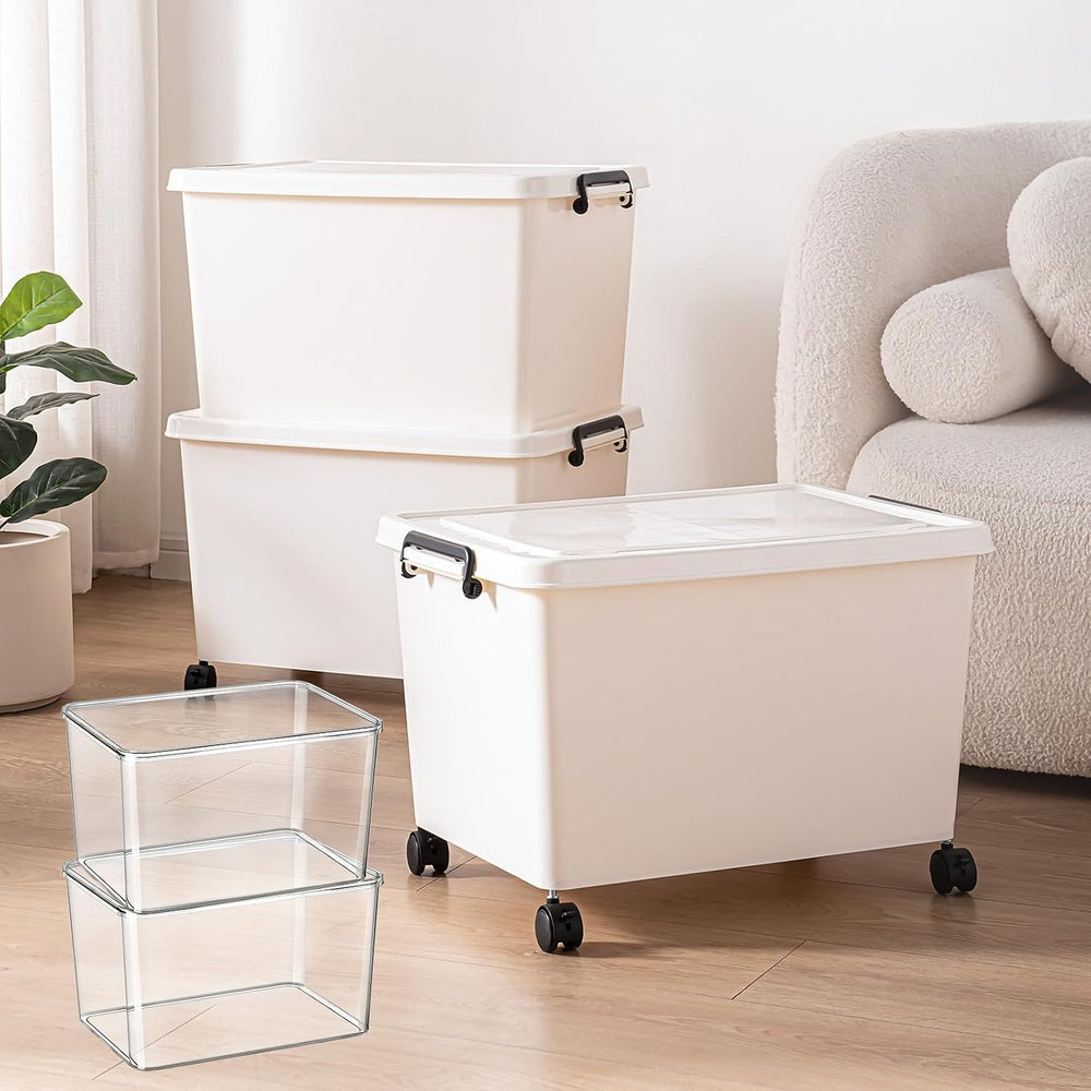Large Stackable Plastic Storage Bins with Wheels, 3-Pack 60 Quart White Thick...