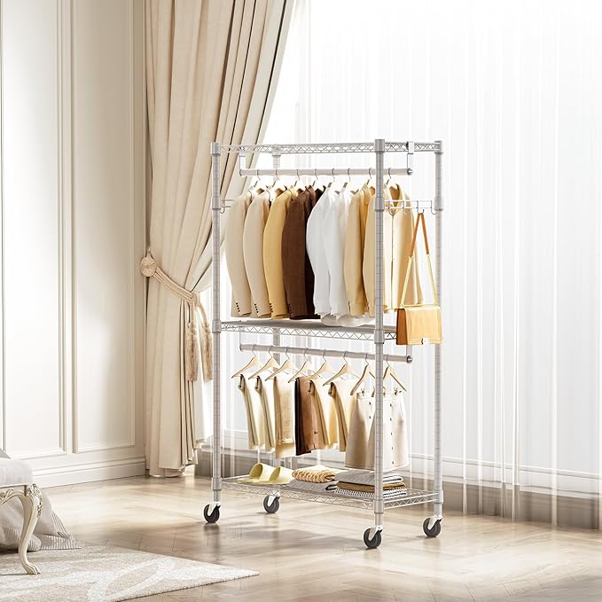 Heavy Duty Rolling Garment Rack 3 Tiers Adjustable Wire Shelving Clothes Rack - Image 3