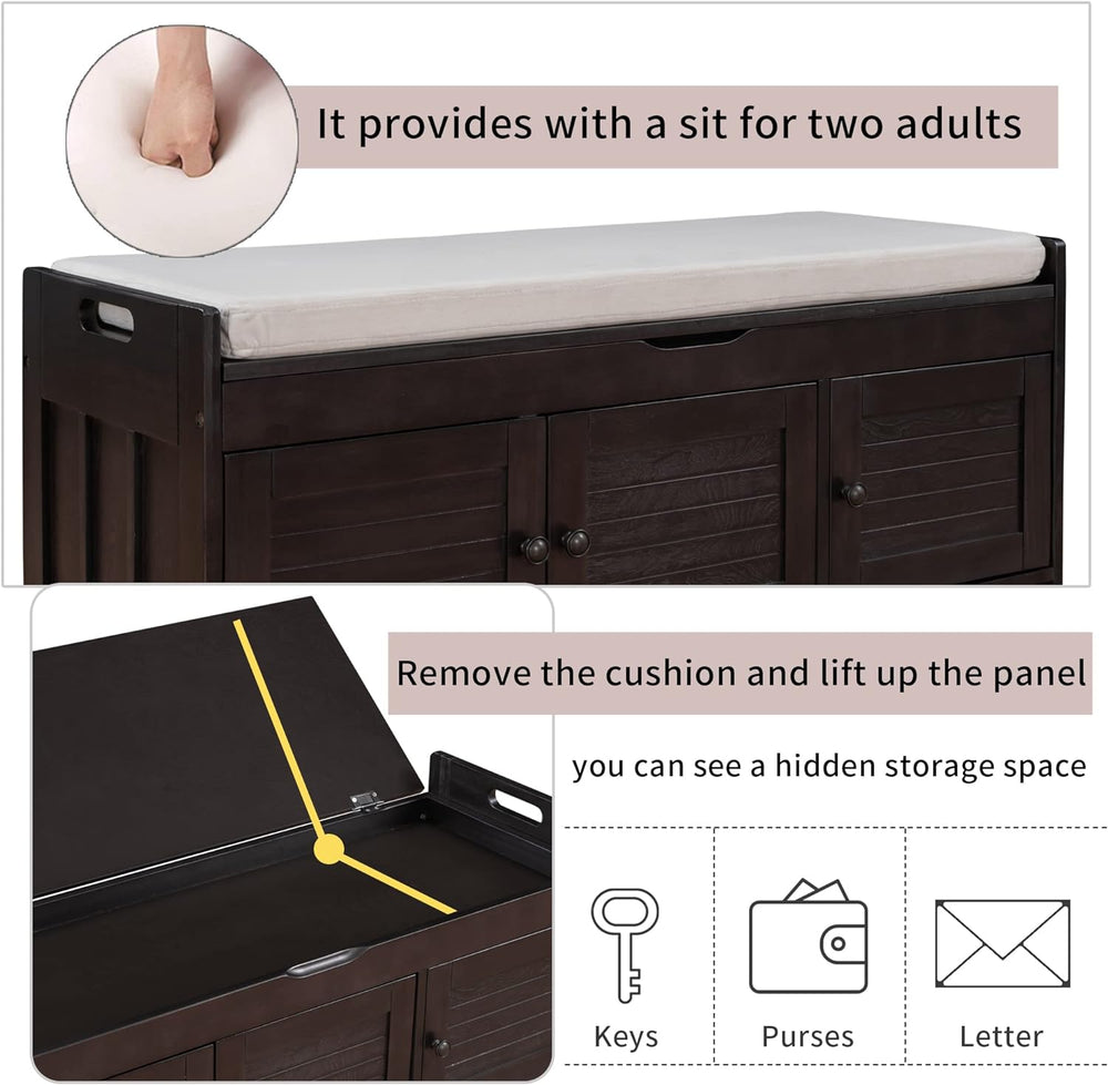 Shoe Storage Bench with 3 Shutter-Shaped Doors, Pine Wood Shoe Bench with Rem...