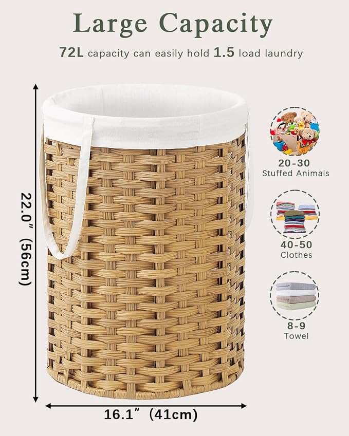 Laundry Hamper Laundry Basket Round 19.0 Gal Handwoven Rattan Hamper, Large - Image 5