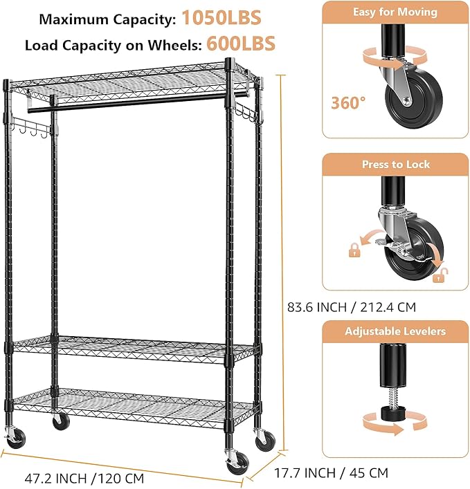 Heavy Duty Rolling Garment Rack 3 Tiers Adjustable Wire Shelving Clothes Rack - Image 6