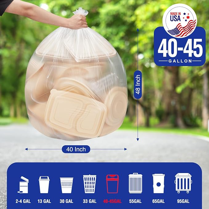 Delxo 40-45 Gallon Clear Trash Bags, Durable & Puncture-Resistant Plastic Can - Image 2