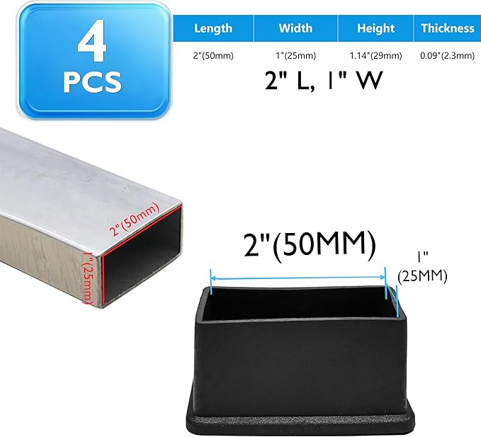 4 Pcs 1" x 2" Rectangular Rubber Chair Leg Caps, PVC Table Leg Covers, Flexible - Image 2