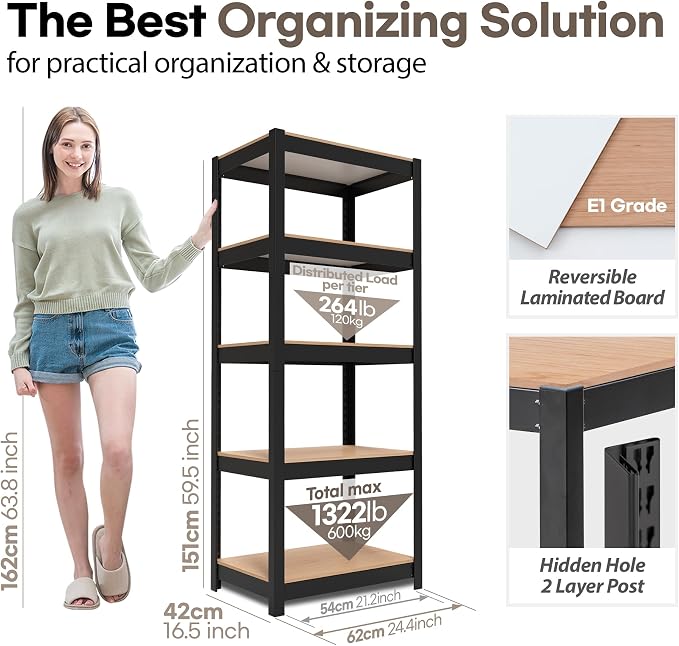 HOMEDANT House Black 5 Tier 24.4" W Laminated Metal Shelving Unit Adjustable - Image 2